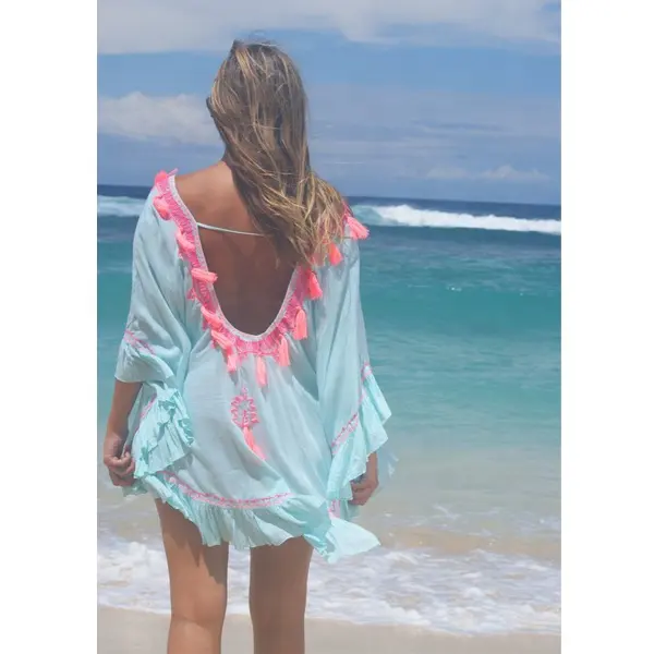 Fashionable High-Quality Huipil Embroidered Ruffle Poncho Superfine Lady Fashion Beach Sexy Back Less Tassel Frill Kaftan Dress