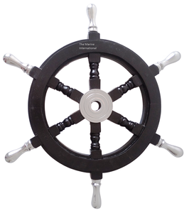 Fabriqué à la main Vintage 18 pouces noir en bois bateau roue mur signe aluminium moyeu nautique maison bureau décor bois artisanat boîtes - Product Image 1