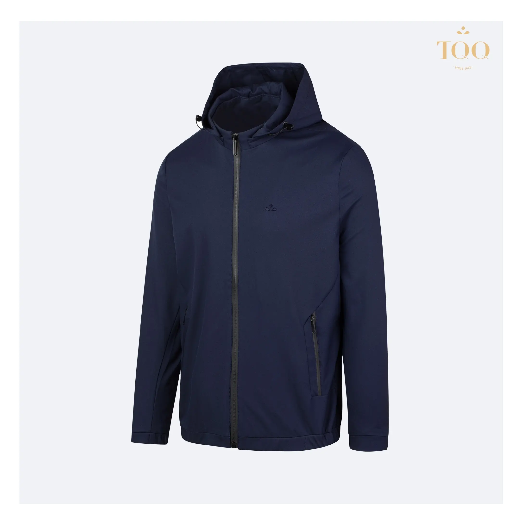 Regular Polyester Casual jackets for men Stand Collar Light Weight Jacket with Detachable Hood in Navy style Length Zipper