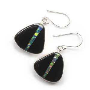 Ensemble de boucles d'oreilles en forme de fantaisie en argent sterling 925 Opale synthétique Onyx noir Mariages Fêtes Cadeaux Bello Opale Gemstone Diamond Main - Product Image 3
