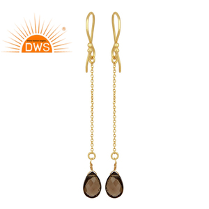 Natural Smoky Topaz Gemstone 925 Silver <b>Gold</b> Plated Threader Chain <b>Earrings</b> Manufacturer - Product Image 1