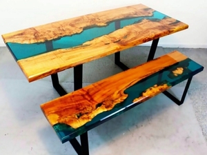 Solid Wood Slab <b>Table</b> with Epoxy <b>Resin</b> <b>Top</b> Minimalist Antique Design Dining Room Furniture - Product Image 4
