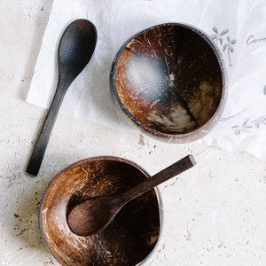 Ensemble de bols en coquille de noix de coco végétalien naturel en gros avec logo gravé jetable cuillère pour le camping fabriqué au Vietnam - Product Image 2