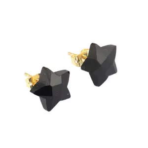 Wholesale custom natural black onyx star shape stud earring brass metal 24k gold plating stud pairs fashion design women jewelry
