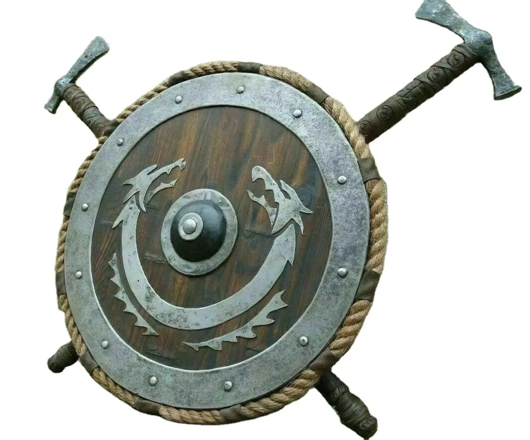 Fornecedor indiano viking medieval redondo e guerreiro madeira e aço armadura templar viking escudo com corda borer madeira dupla machado