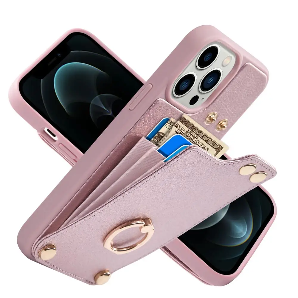 2023 custom PU Leather wallet credit card holder with ring luxury mobile phone case for iphone