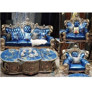 Conjunto de sofá de madera maciza dorado de lujo con acabado antiguo europeo, muebles de salón tallados a mano modernos, sala de estar rústica para el hogar - Product Image 1