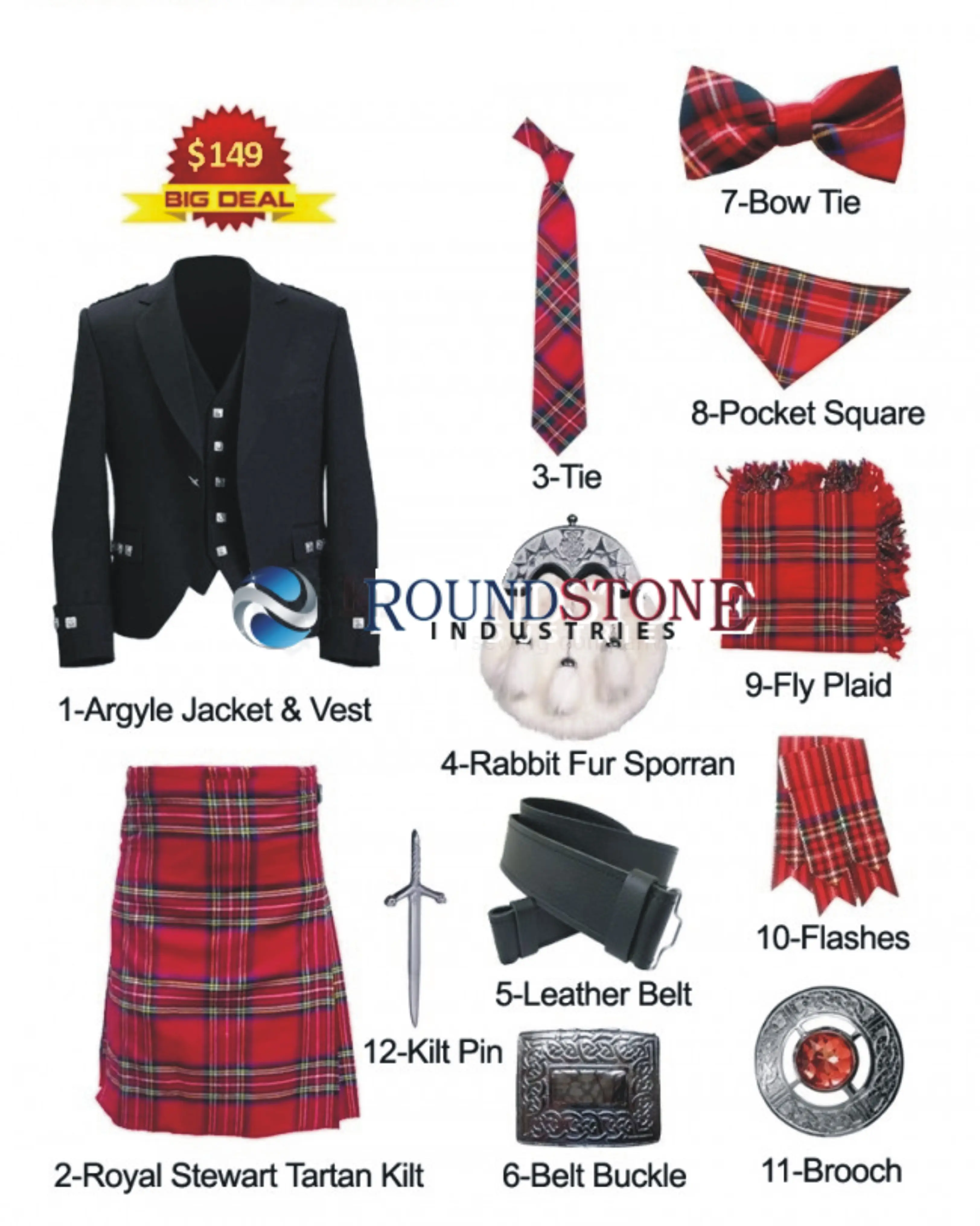 스코틀랜드 로얄 스튜어트 타탄 킬트 의상 액세서리 거래 Argyle Jacket With Vest_Kilt _ Flashes_Bow Tie_Fly Plaid_Sporran