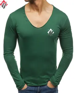高品质男士长袖t恤100% 纯棉素绿色服装时尚男士透气v领长袖t恤