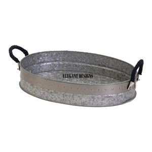 Plateau de service en acier inoxydable, avec poignée de corde, nouveau plat de service fait à la main à la mode, bonne qualité, plateau ovale galvanisé - Product Image 1