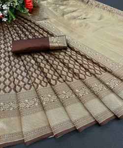 Banarasi Soie Jacquard Saree Avec Chemisier Femmes Porter Dames Fête Festival Usage Quotidien Doux Coton Soie Sari En Gros Bas Prix Vêtements Vêtement - Product Image 3