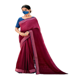 Sari de Lino y Seda Multicolor con Borde de Encaje y Blusa de Talla Única, Tejido a Mano, Ropa Tradicional India para Fiestas - Product Image 1