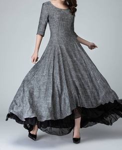 Vestido Maxi de Lino Gris para Mujer, con Forro de Algodón, Corte en A, Manga Corta, Sin Cuello, Dobladillo Asimétrico, Formal, Holgado, para Verano - Product Image 3