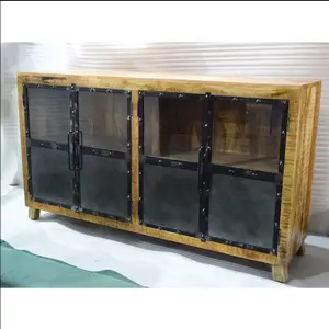 Armadietto in vetro a doppia porta in legno massello di Mango in ferro nero di alta qualità più venduto disponibile in colore legno naturale per la casa