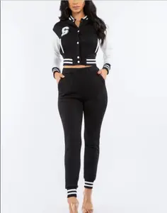 New Arrival Cropped Letterman Wholesale Varsity Jacket & Pant Sets Women Sweatsuit Set Tracksuit Two Piece Winter Fall Clothing