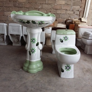 Ensemble complet de toilettes et de lavabo sur piédestal en céramique de couleur verte chinoise, vitrossa, sanitaire en porcelaine - Product Image 1