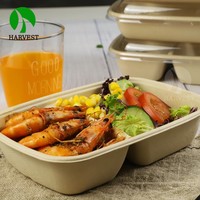 Caja de Embalaje de Alimentos Biodegradable de Pulpa de Caña de Azúcar con 2 Compartimentos, Apta para Microondas, Impermeable, con Grabado Disponible, para Uso Doméstico