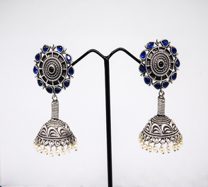 Latest designer <b>fashion</b> brass silver look alike <b>hoop</b> flower stone stud jhumka <b>earings</b> for women and girls - Product Image 2