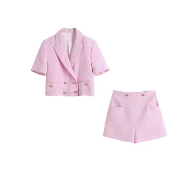 Pink Color Women Short Set Summer crop blazer and shorts neon Pink tweed 2 piece short set two piece set women clothing