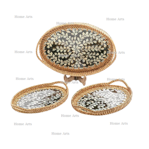 Bandeja de comida de ratán y nácar en tres tamaños diferentes, formas ovaladas, bandeja para postres y frutas en India. - Product Image 4