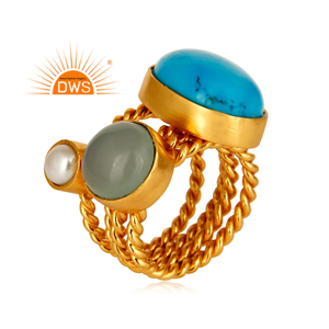 Turquesa Calcedonia azul y blanco perla oro Vermeil anillo de 3 piezas conjunto de latón de moda anillo - Product Image 1