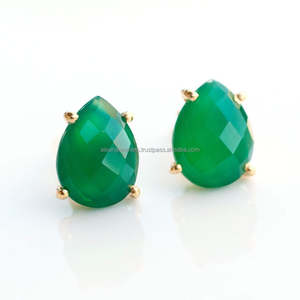 Pendientes de plata de ley 925 con gema de ónix verde, joyería hecha a mano chapada en oro - Product Image 1