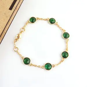 High polish gold plated 8mm round checker cut emerald quartz bezel set adjustable cable chain woman bracelet with lobster clasp