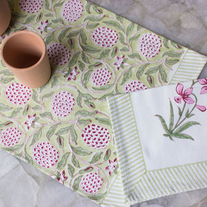 Floral Hand Block Print Indian Cotton Floral Table Mats & Napkin Set of 6 Napkins & 6 Mats - Product Image 2