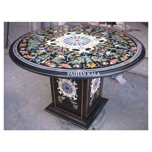 Natural Black Marble Top Quality Inlay <b>Work</b> Round <b>Table</b> Top With Base - Product Image 1