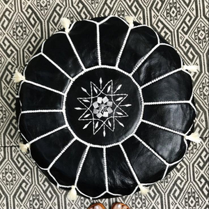 High QualityBlack With White Stitching Moroccan Leather <b>Pouf</b> With Tassels - Product Image 1