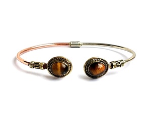 Bracelet manchette en pierre précieuse œil de tigre plaqué argent bicolore Bracelet de forme ovale à la mode - Product Image 3