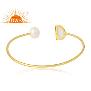 White Moonstone <b>Pearl</b> Gemstone Women's <b>Gold</b> Plated 925 Silver Cuff Bangle Jewelry Wholesaler Classic Collection - Product Image 3