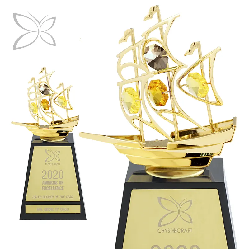 Personalised Luxury Gold Plated Sailboat Figurine Decorated With Brilliant Cut Crystals Award Trophy