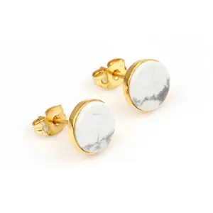 New Design 9mm Natural White Howlite Turquoise Stone Waterproof Jewelry Sterling Silver 18k Gold Plated Stud Earrings For Her