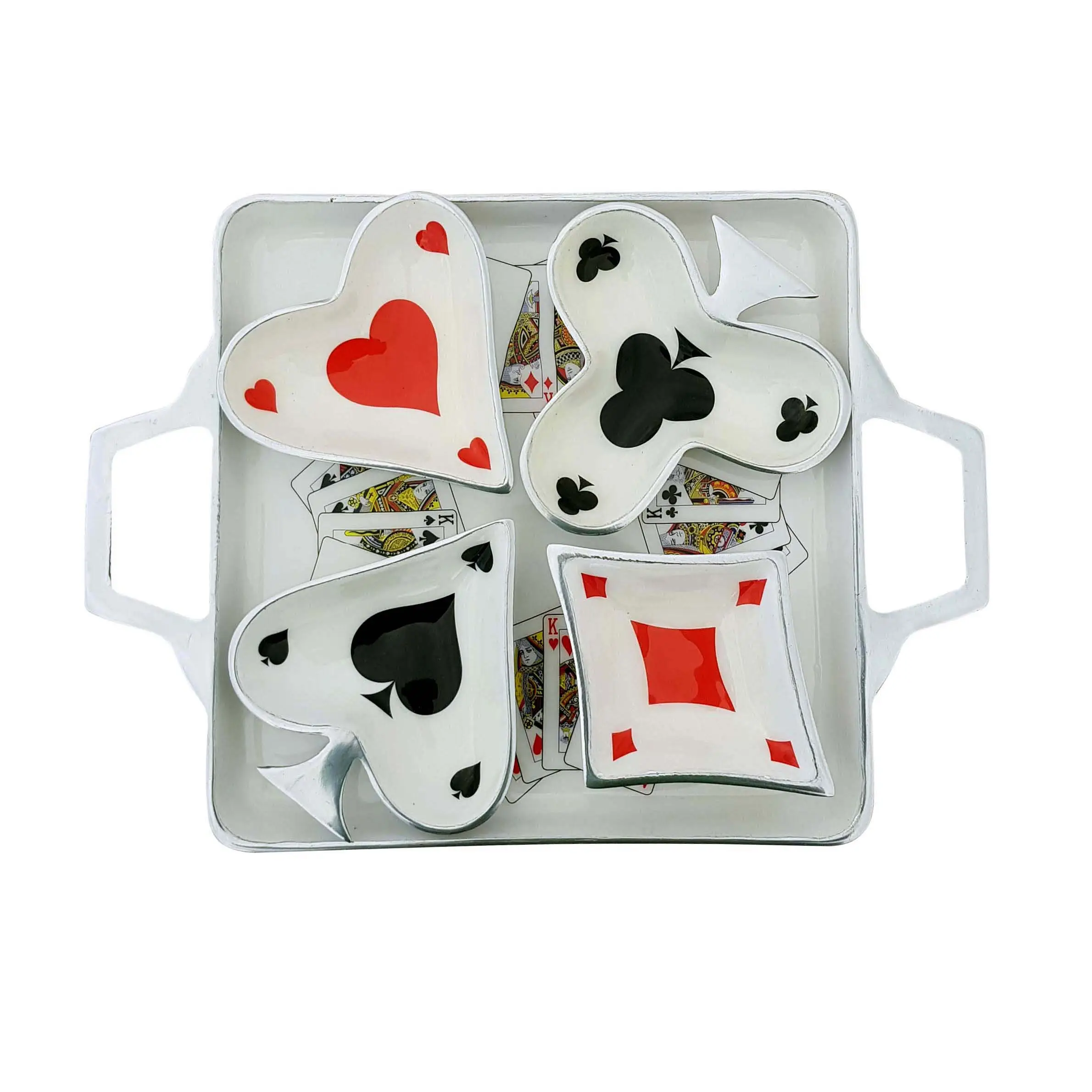 Personalizado de alta calidad colorido naipes Poker bandeja para servir platos con 4 cuencos vajilla platos y platos