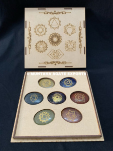 Chakra Set With Wooden Box Engraved Chakra Sets in Round Shape Wholesale 7 Chakra <b>Stone</b> Set With Buddha Engraved Gift Box - Product Image 6