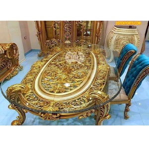 Ensemble de table à manger de luxe de style européen en teck moderne, durable, sculpté doré, design de créateur - Product Image 1