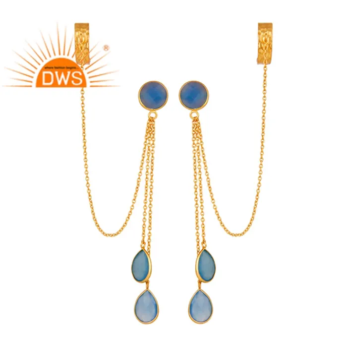 Glorious 18k Gold Plated 925 Silver Blue Chalcedony Gemstone Long Chain Ear Cuff Earrings Jewelry Supplier