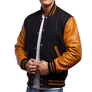 Logotipo personalizado decorado piel de oveja más tamaño Stand Collar Letterman chaqueta con mangas completas Casual invierno cuero poliéster venta - Product Image 1