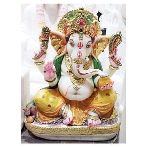 Sculpture de dieu Ganesha en marbre blanc naturel, multicolore, Antique, décoration pour cadeau, pour les cadeaux religieux - Product Image 1