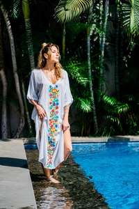 2026 Latest Loose <b>Fitting</b> V-Neck Summer Beach Maxi Sexy Side Slit Bohemian Embroidery Lace Vintage Mexican Style <b>Best</b> Selling - Product Image 6