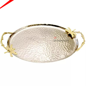 Bandeja de servicio redonda de metal con diseño de flor dorada, bandeja de servicio superior para centro de mesa - Product Image 6