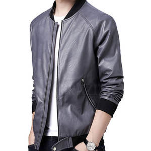 Chaqueta de piel de vaca genuina de Color sólido a la moda para hombre de invierno con tela de lona con cuello levantado - Product Image 2