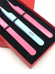 Haute qualité rose et bleu clair poudre revêtement 90 degrés incurvé en acier inoxydable Extension de cils pince à épiler outil de beauté - Product Image 5