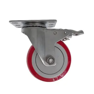 Mới Đến Thép Không Gỉ Tay Nghề Đỏ 100Mm 4 Inch Vòng Bi PU Polyurethane Rust-Proof Caster Bánh Xe Cho Dịch Vụ Thực Phẩm