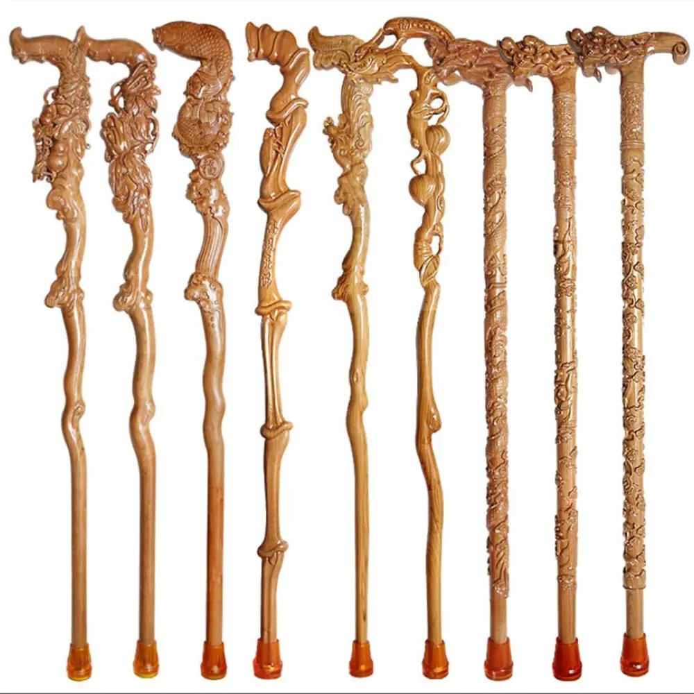 Bastón de madera de tótem chino para ancianos, palo de madera multifunción para caminar