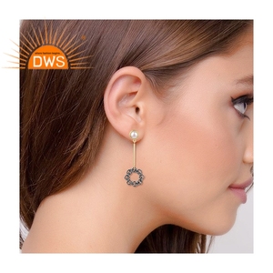 Conjunto de perlas de joyería de latón hecho a mano, pendientes étnicos de gota larga hechos a mano de oro de latón - Product Image 4