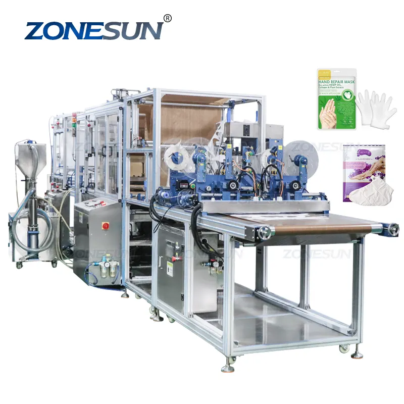 ZONESUN High Speed Automatic Beauty Cosmetic Essence Hand and Foot Mask Sheet Sachet Filling Sealing Making Machine With Labeler