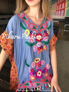 Pikaru Pure Cotton Womens Embroidery <b>Tunic</b> V-neck Short Sleeve Party Wear <b>Embroidered</b> Dress High Quality 2022 - Product Image 2