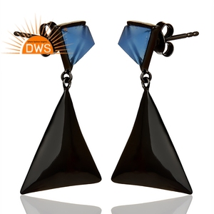 Black Oxidized 925 Silver Bezel Set Triangle Design Dangle Drop Earrings Blue Chalcedony Gemstone Earrings Jewelry Supplier - Product Image 2